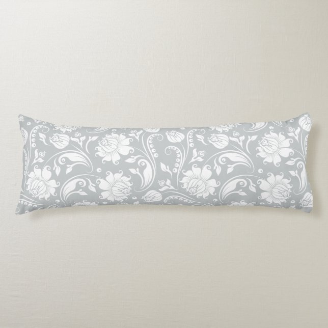 Coussins Longs Élégant Damas Floral Blanc Et Gris (Devant)
