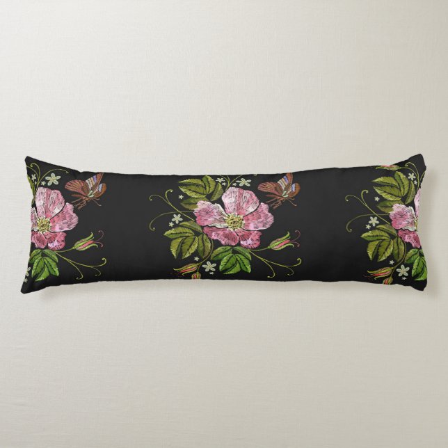 Coussins Longs Élégant Motif floral broderie Arrière - plan noir (Devant)