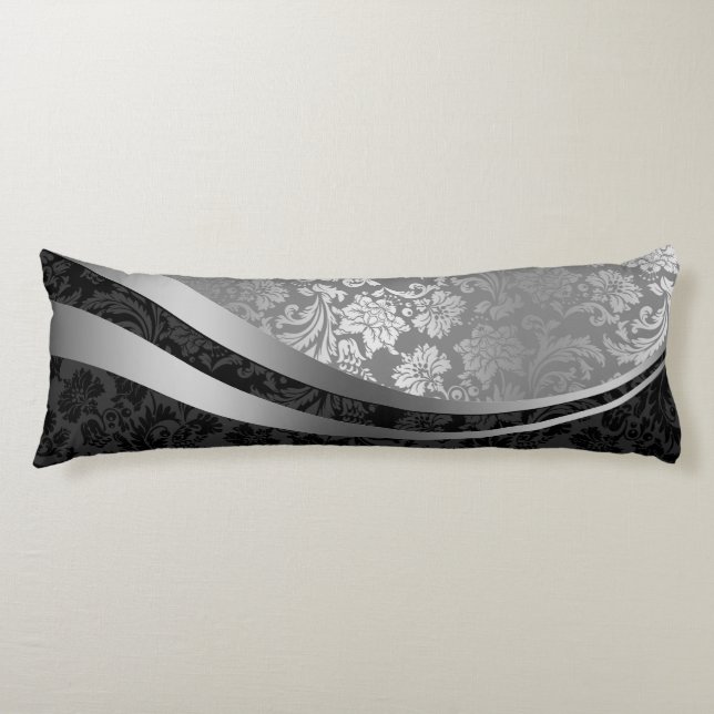 Coussins Longs Élégant noir et argent Damas Stripes dynamiques (Devant)