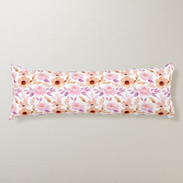 Coussins Longs Elégant rose Peach Purple Aquarelle Florale Blanc (Devant)