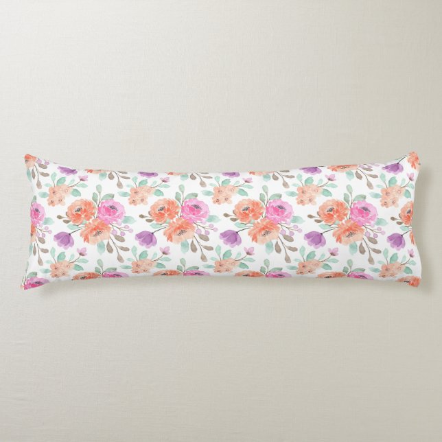Coussins Longs Elégante Aquarelle rose orange violet Floral blanc (Devant)