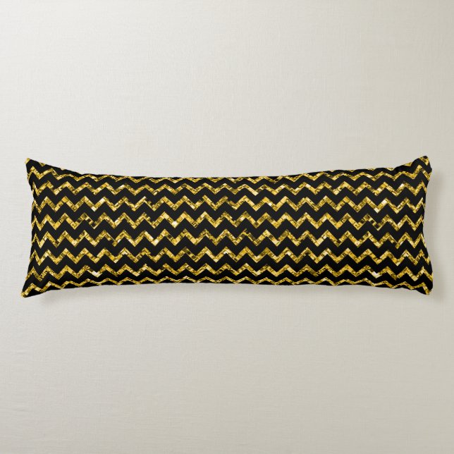 Coussins Longs Élégante Parties scintillant Noir Or Glam Chevron  (Devant)