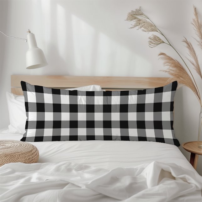 Coussins Longs Farmhouse Black White Rustic Gingham Check Plaid (Créateur téléchargé)