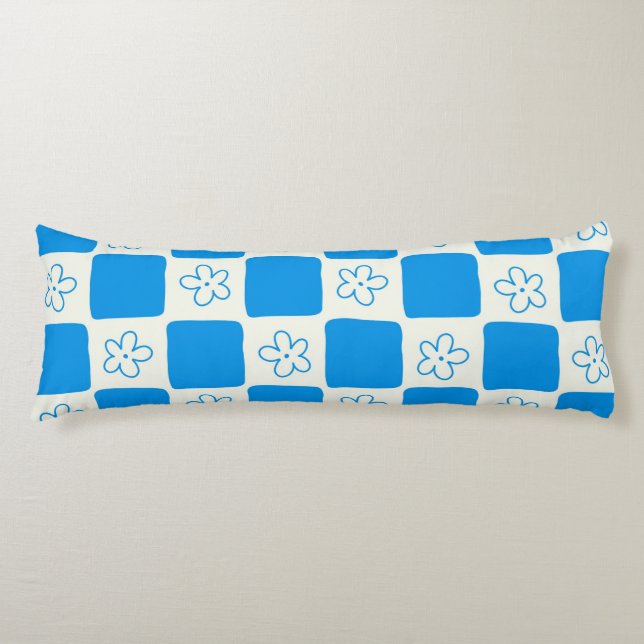 Coussins Longs Fleur bleue Preppy À damiers Motif (Devant)