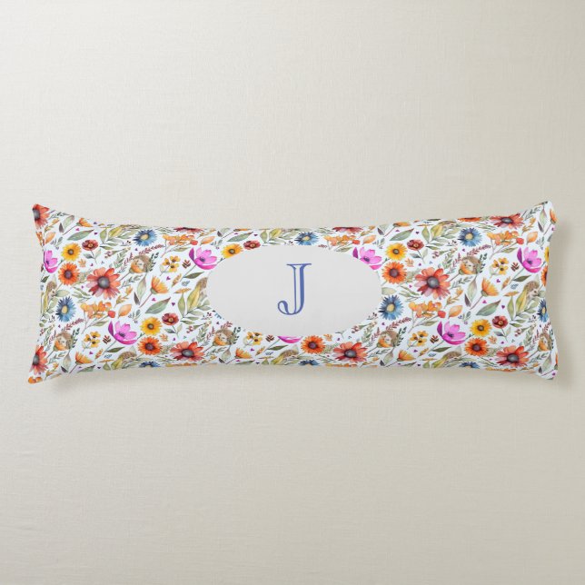 Coussins Longs Fleur sauvage de printemps monogramme et hérisson  (Devant)