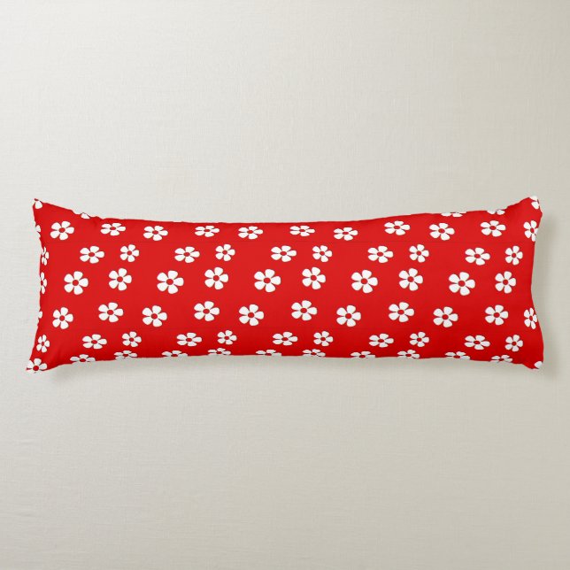Coussins Longs Fleurs blanches mignonnes sur rouge (Devant)