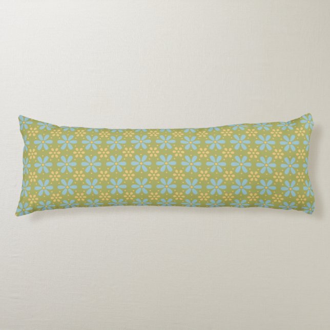 Coussins Longs Fleurs bleues et jaunes Abstraites rétro sur vert (Devant)