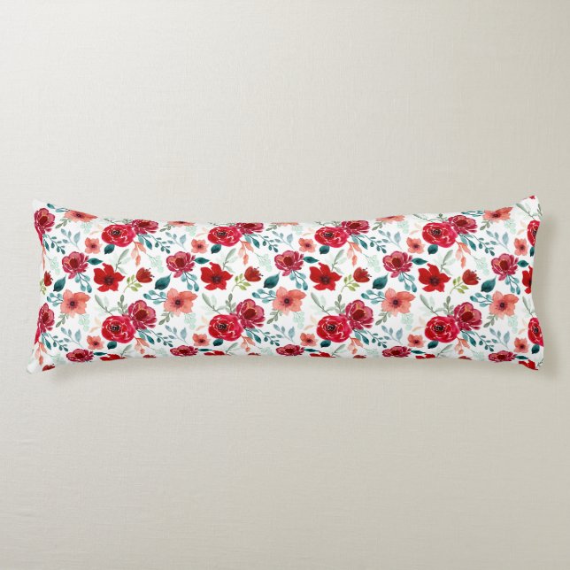 Coussins Longs Fleurs d'aquarelle rose rouge Feuille Turquoise bl (Devant)
