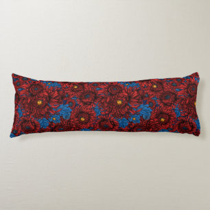 Coussins Longs Fleurs de chrysanthème rouge et coléoptères orange