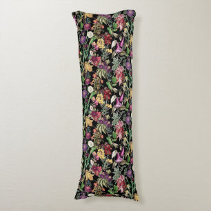 Coussins Longs Fleurs élégantes et motifs floraux noirs feuille