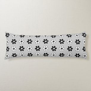 Coussins Longs Fleurs noires et blanches modernes sur gris argent