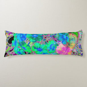 Coussins Longs Fleurs psychédéliques vert citron et bleu