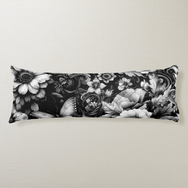 Coussins Longs Florale d'antiquité monochrome avec papillons (Devant)