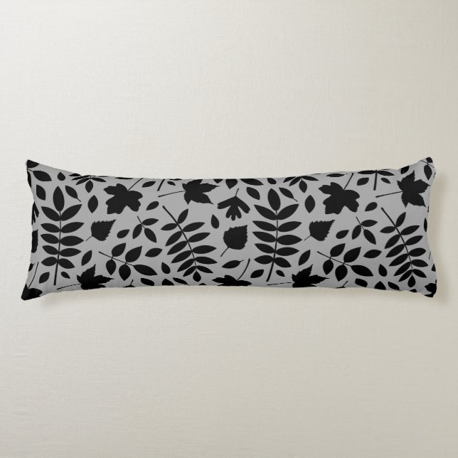 Coussins Longs Grand Motif Feuille tombé noir sur gris (Devant)