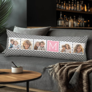 Coussins Longs Gris et Rose 5 Collage de Photos avec Monogramme