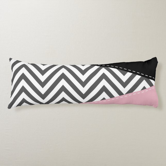 Coussins Longs Gris Zigzag, Gris Chevron, Motif Zigzag, Rose (Devant)