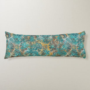 Coussins Longs Grunge Damassé Aqua Viridian Moutarde Terracotta 