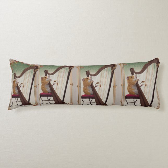 Coussins Longs Hamster Harpist – Elegant Musical Illustration (Devant)