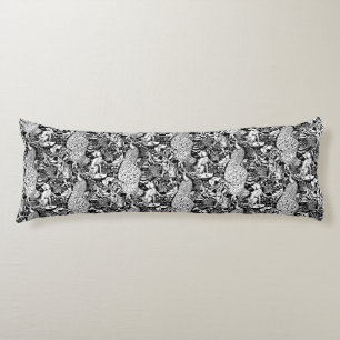 Coussins Longs Impression de paon Art nouveau, noir et blanc