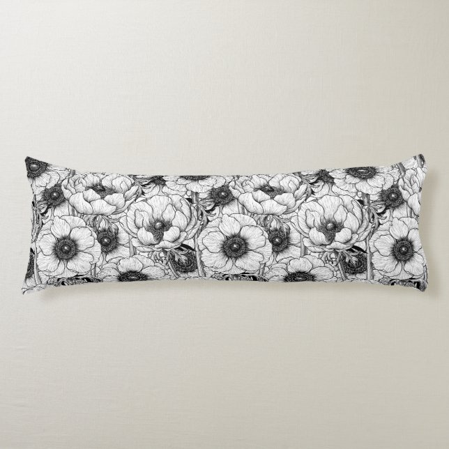 Coussins Longs Jardin d'anémones en noir et blanc (Devant)