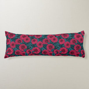 Coussins Longs Jardin de Dahlia Rouge/feuilles bleus