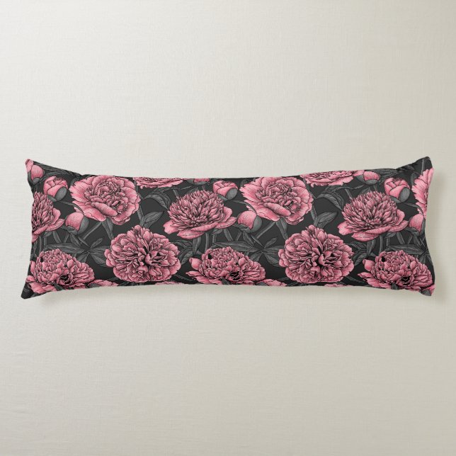 Coussins Longs Jardin de pivoine nocturne rose et gris (Devant)