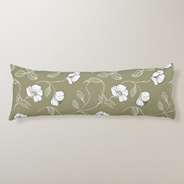 Coussins Longs Ligne Blanche Florale Minimaliste Art Vert Olive (Devant)