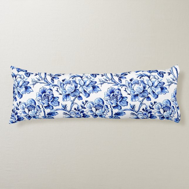 Coussins Longs Magnolias bleu et blanc Toile de Jouy (Devant)