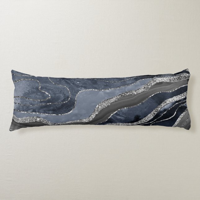 Coussins Longs Marbre noir bleu marine Agate Parties scintillant  (Devant)