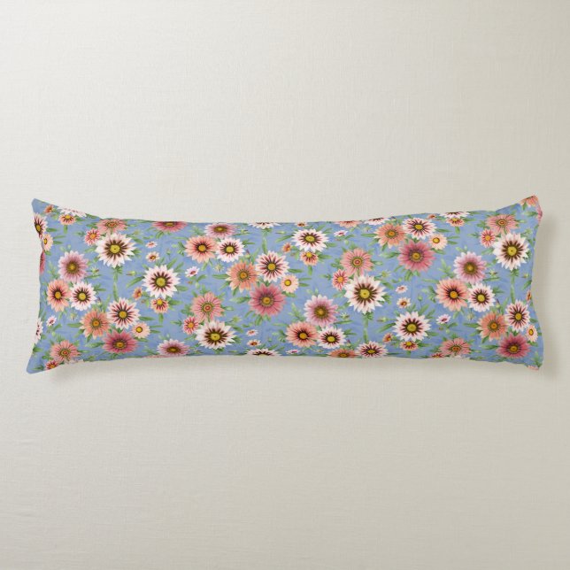 Coussins Longs Marguerites roses jolies motifs floraux sur bleu (Devant)