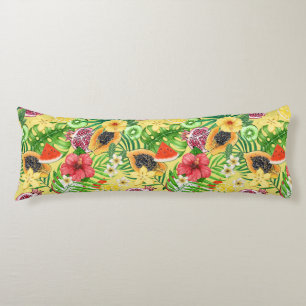 Coussins Longs Mix-fruit tropical, fleurs et feuilles sur jaune