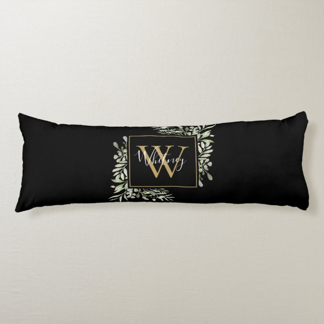 Coussins Longs Monogramme d'or noir personnalisé Vert Floral (Devant)