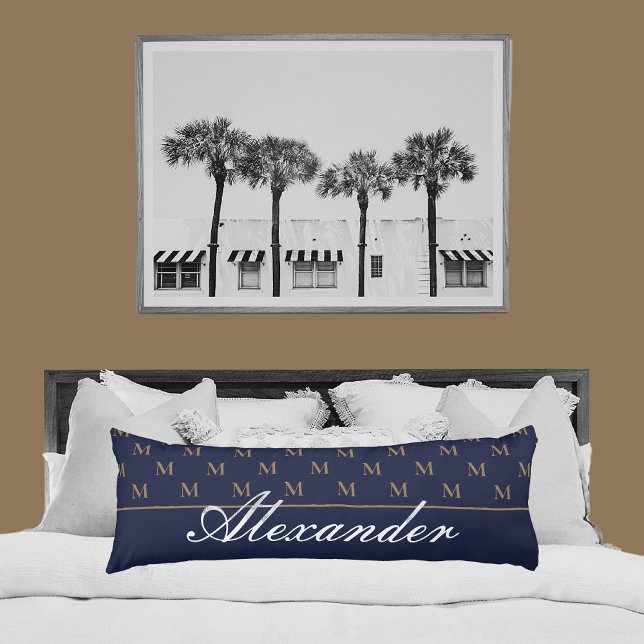 Coussins Longs Monogramme Moderne Marine Bleu Blanc Or Élégant (Créateur téléchargé)