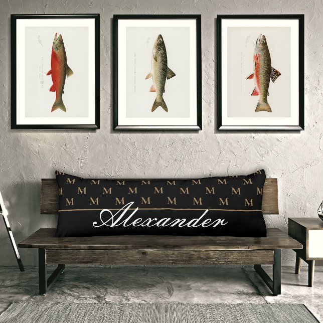 Coussins Longs Monogramme Moderne Noir Blanc Or Élégant Mat de ba (Créateur téléchargé)