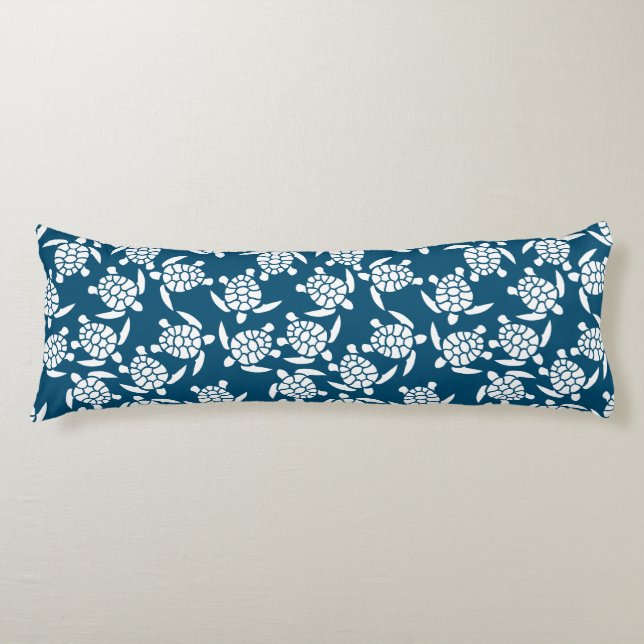 Coussins Longs Motif de tortue de style côtier blanc et bleu (Devant)