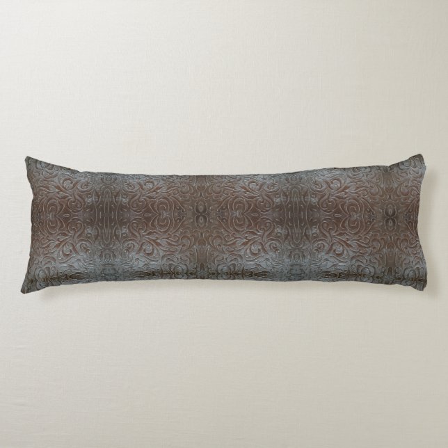 Coussins Longs Motif en cuir rustique brun de l'Ouest (Devant)
