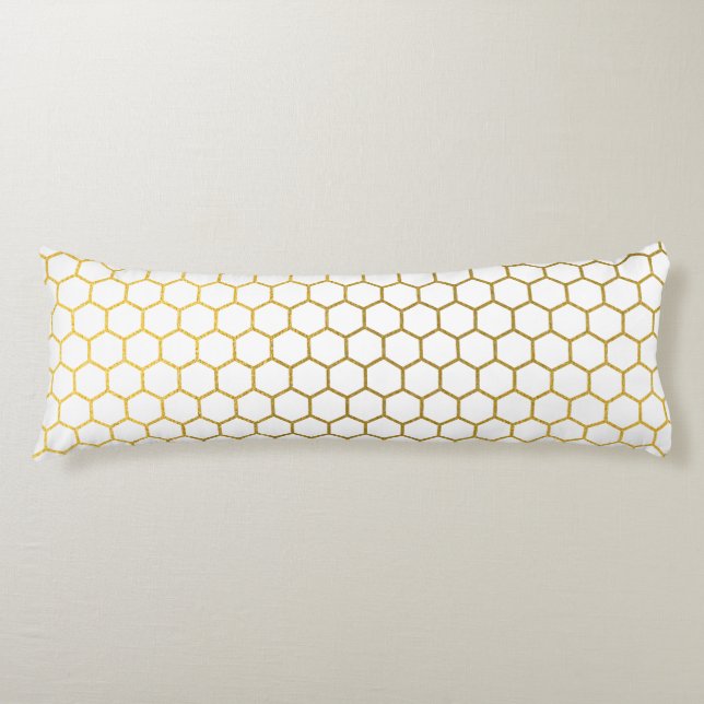 Coussins Longs Motif géométrique Hexagon blanc et or (Devant)