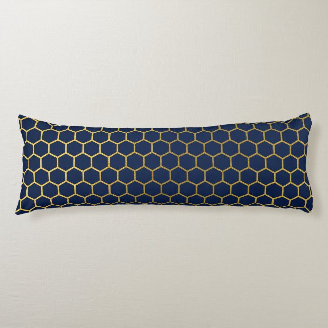 Coussins Longs Motif géométrique marine bleu et or Hexagon (Devant)