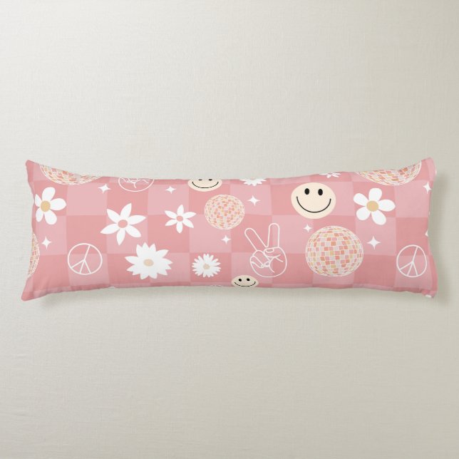 Coussins Longs Motif hippie Super rose rétro À damiers (Devant)