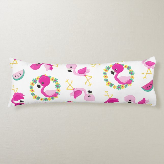 Coussins Longs Motif tropical, Flamants roses, pastèques, Fleurs (Devant)