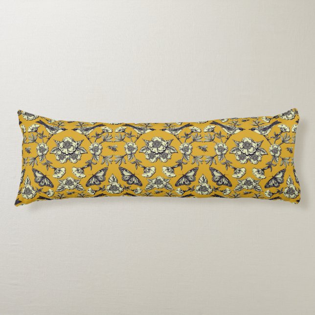 Coussins Longs Moutarde Jaune et Oiseaux de la Marine, Papillons  (Devant)