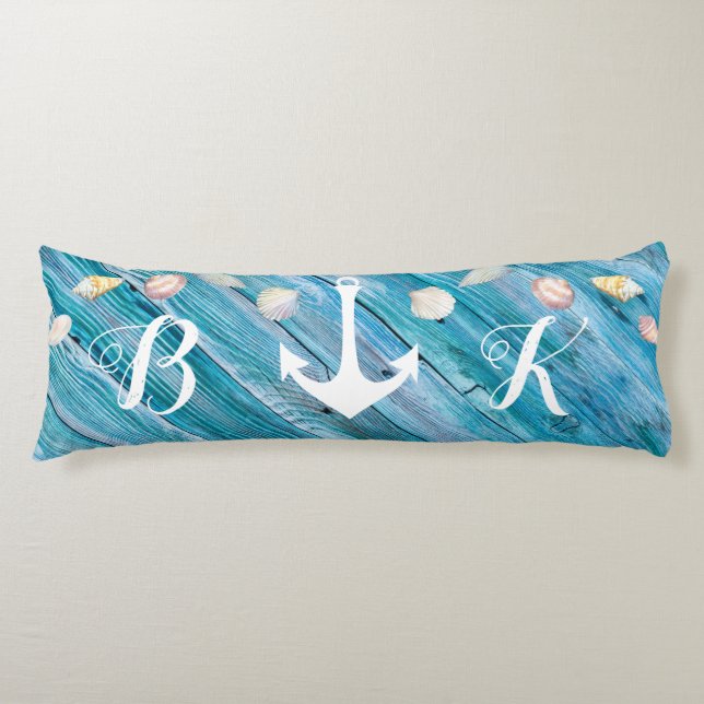Coussins Longs Nautical Beach Shells Monogramme Blue Wood Body P (Devant)