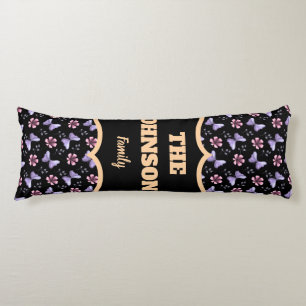 Coussins Longs Nom de famille personnalisé papillon floral lavand