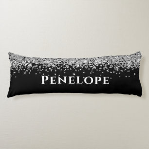 Coussins Longs Nom personnalisé argent noir faux paillettes esthé