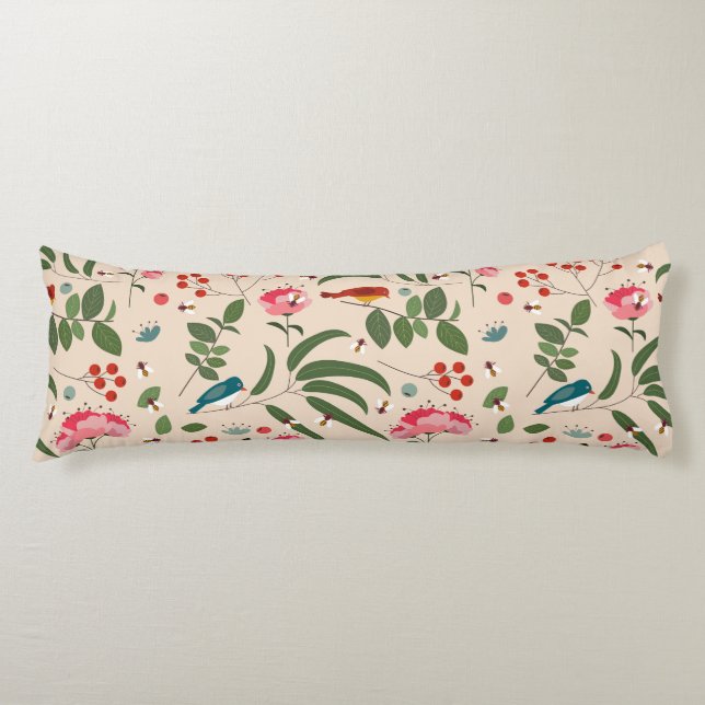 Coussins Longs Oiseaux floraux dessinés à la main Abeilles Motif  (Devant)