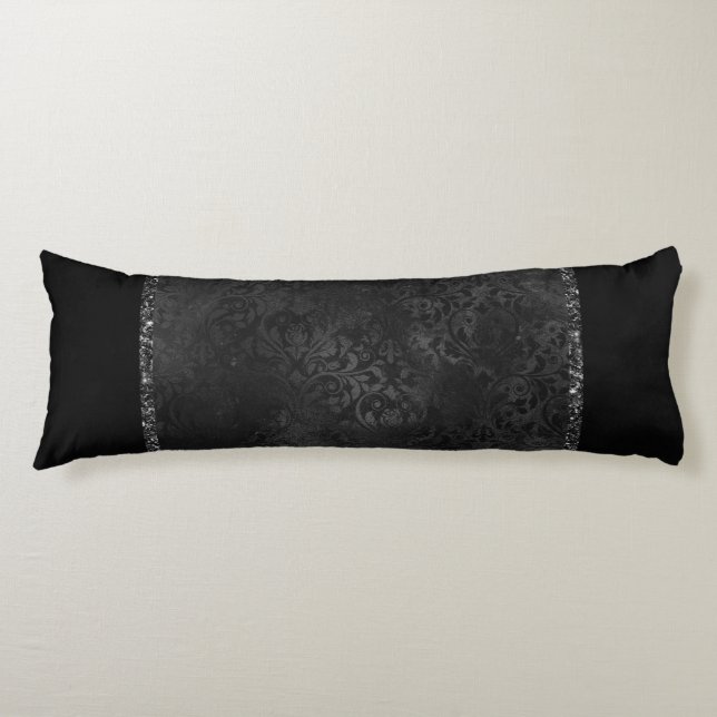 Coussins Longs Onyx Romance| Black Satin Grunge Rose Damask (Devant)