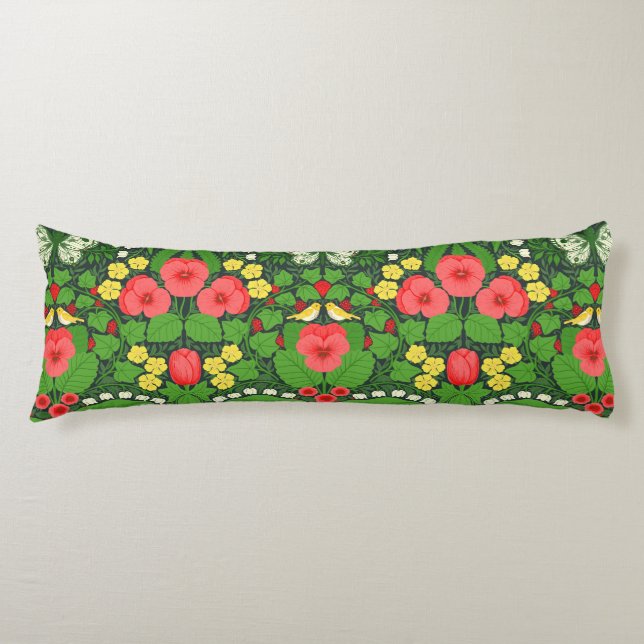Coussins Longs Pansies rouges, oiseaux et papillons (Devant)