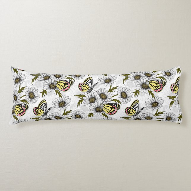 Coussins Longs Papillons Jézabel et fleurs marguerites sur blanc (Devant)