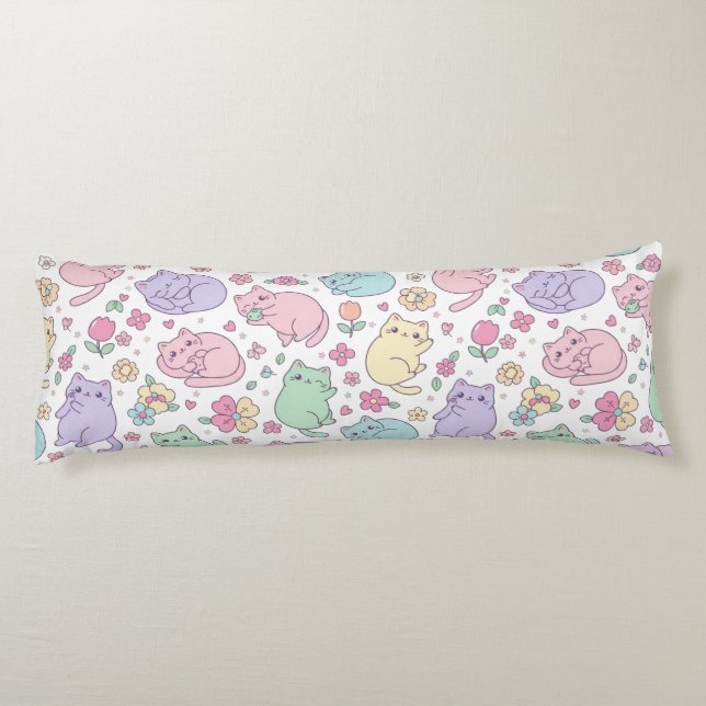 Coussins Longs Pastel Kawaii Cats and Flowers Pattern  (Dos)