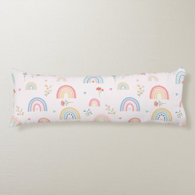 Coussins Longs Pastel Rainbows Girly Fleurs sauvages & Coeurs (Devant)